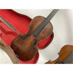 French violin for restoration with 36cm two-piece maple back and ribs and spruce top, bears label 'Lutherie Artistique M. Couturieux'; in wooden case; two modern three-quarter size violins in cases; and five violins for spares or repair