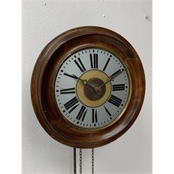 20th century Postman's style alarm wall clock, circular Roman dial in moulded stained beech surround