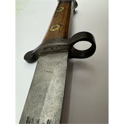 WWII Lee Metford rifle bayonet with original scabbard marked 586, with canvas frog, L44cm overall 
Notes; due to the condition of the bayonet it is possible this was issued to the home guard