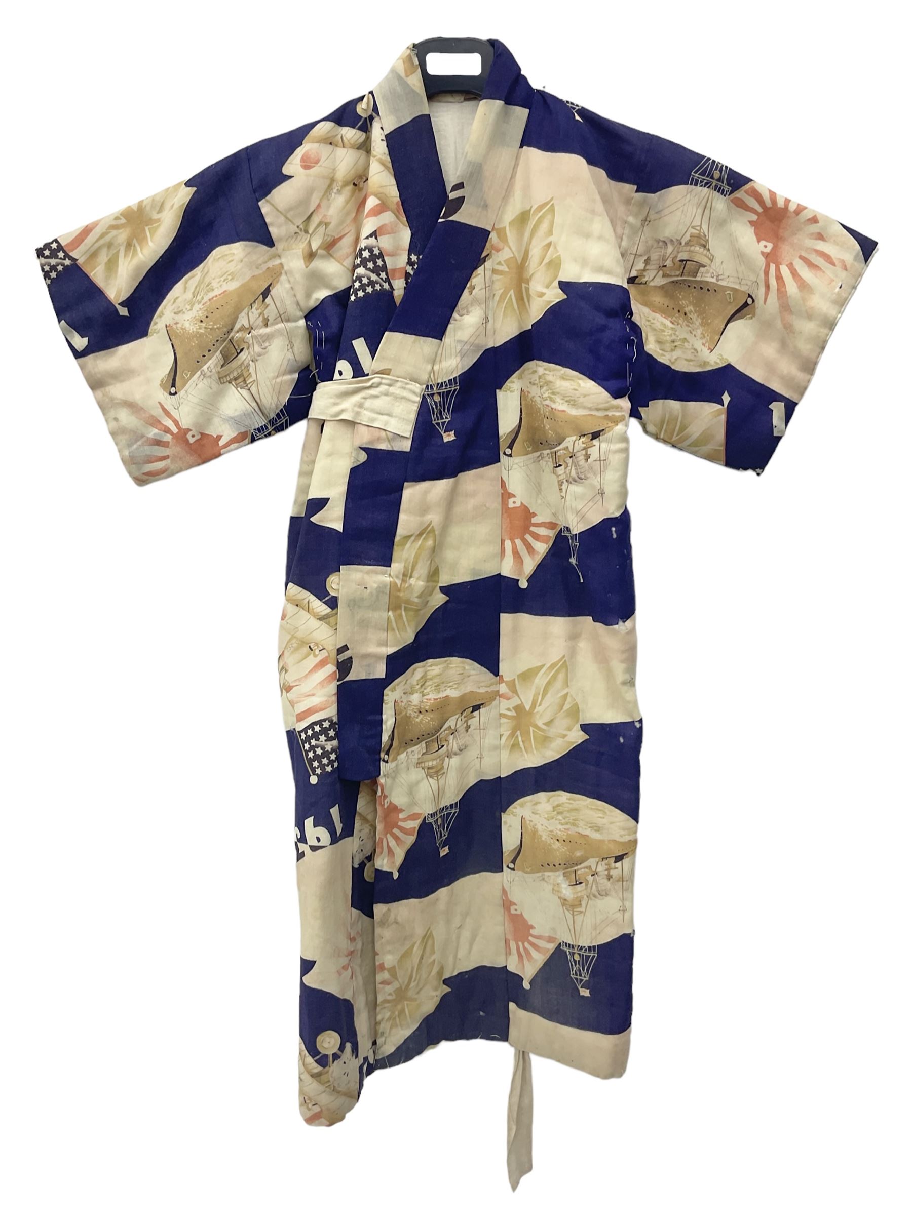 1930s Japanese fully lined kimono decorated with Japanese naval vessels and bi-planes, Japanese, American and British flags and dated 1935; looks to be child's size