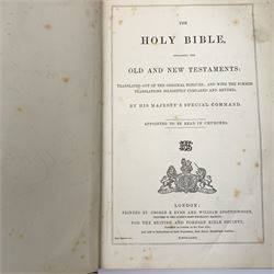 Victorian Rev. John Eadie leather bound Family Bible; three other Victorian leather bound Bibles; and another Victorian leather bound book The Altar of the Household edited by the late rev. John Harris (5)
