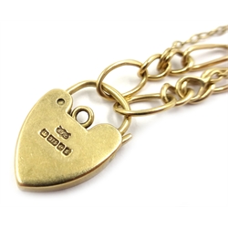  9ct gold figaro chain link bracelet, heart shaped lock hallmarked  