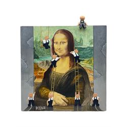 David Smith (British Contemporary): 'Blokes - Mona Lisa', acrylic on canvas signed, with painted wooden figure seated atop, 61cm x 61cm
