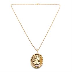 9ct gold tiger's eye diamond and sapphire portrait pendant necklace, oval cut tiger's eye, with applied bust of a lady in profile, her hair set with diamonds and necklace set with a sapphire, within a scalloped design frame, on a fancy twist chain necklace, both hallmarked