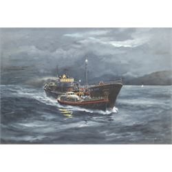 Harry Berry (British 1905-1994): Leith Trawler 'Netta Croan' Aided by the Aberdeen Lifeboat, oil on canvas signed, dated 1974 verso 55cm x 80cm, together with a photograph of the Endeavour returning to Whitby 39cm x 39cm (2)