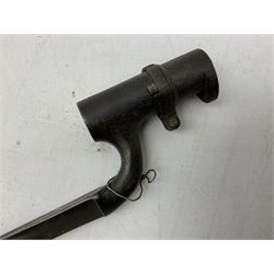 British Pattern 1876 socket bayonet with 43cm steel triangular blade L52cm overall; another socket bayonet with cruciform blade; No.4 Mk.II spike bayonet in metal scabbard with webbing frog; and 1955 Army jack knife by J.H. Thompson Sheffield (4)