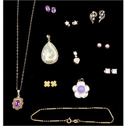 Collection of gold jewellery including jade dragon design pendant, lavender jade and mother of pearl flower pendant, cubic zirconia heart pendant and two pairs of cubic zirconia stud earrings, all 14ct, amethyst pendant and stud earrings, three other pairs of stud earrings and a bracelet, all 9ct 