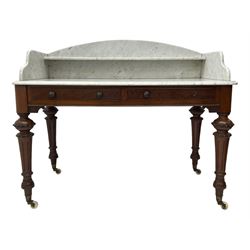 Victorian figured mahogany two-piece bedroom set - the washstand with white and black marble moulded top with arched back and raised shelf, two moulded frieze drawers, on turned and fluted supports with brass and ceramic castors (W123cm, D60cm, H102cm); the dressing table with raised swing mirror in moulded frame with shell and scroll carved pediment, on scrolled horns carved with foliage, four raised trinket drawers over moulded rectangular top, fitted with two drawers, on turned and fluted supports with brass and ceramic castors (W122cm, H177cm, D62cm)