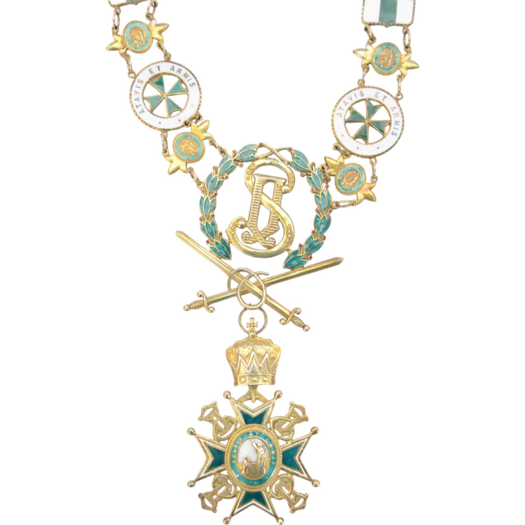 Military and Hospitaller Order of St. Lazarus of Jerusalem, Knight of Grace silver gilt and enamel chain of order, the chain made up of silver enamelled flags, disks and panels, with a green and white enamelled insignia of the order suspended below, in case 
