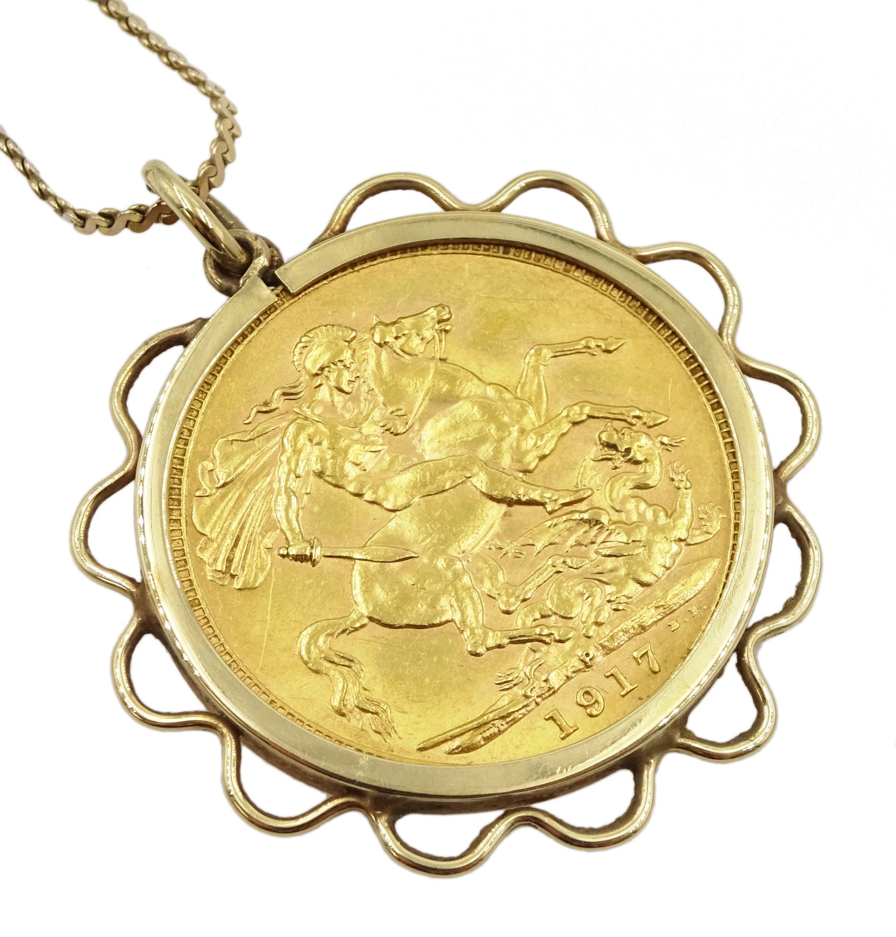George V 1917 gold full sovereign, Perth mint, loose mounted in pendant on gold chain, hallmarked 9ct