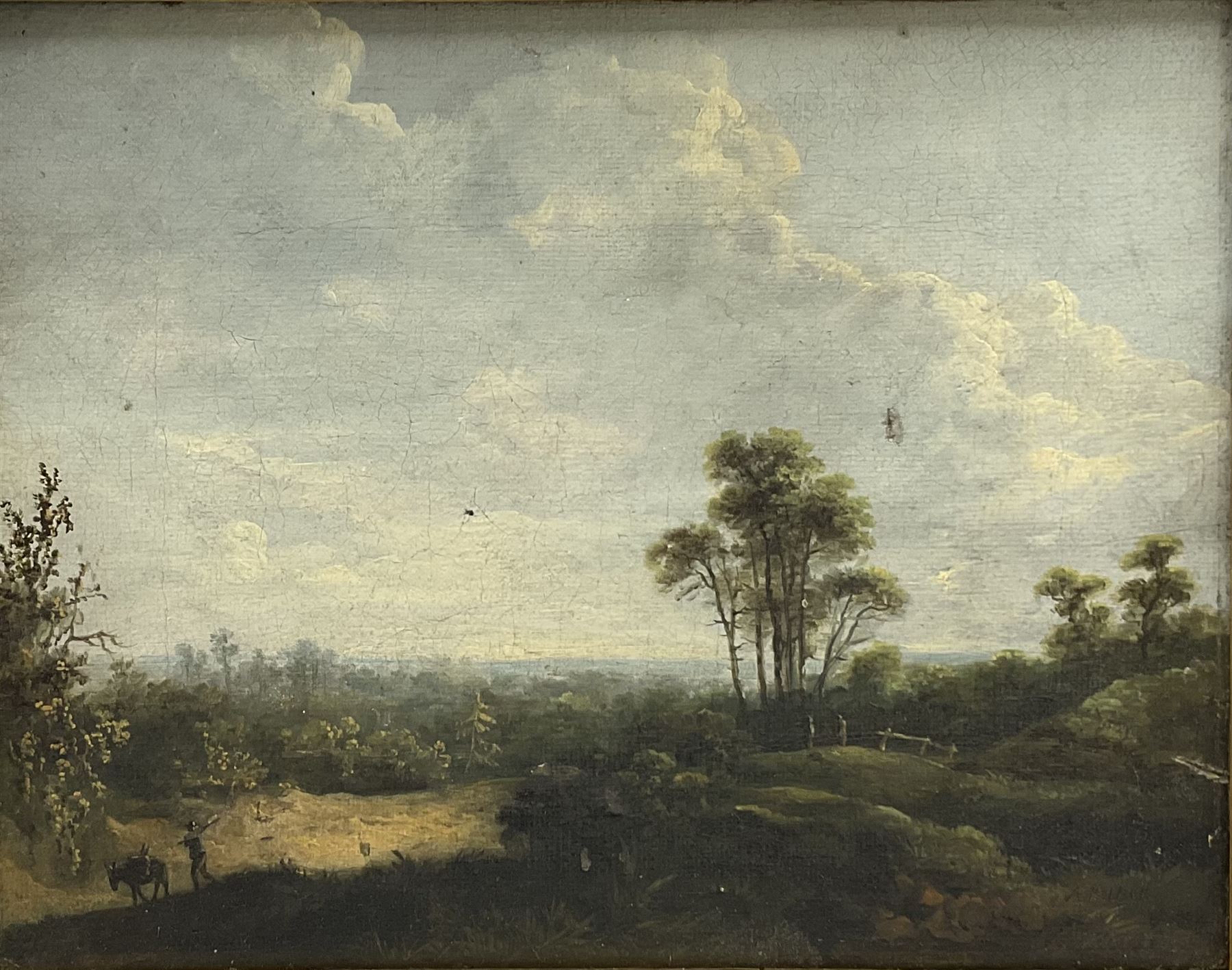 Abraham Pether (British 1756-1812): Figure with a Donkey in Wooded Countryside, oil on canvas signed 18cm x 23cm