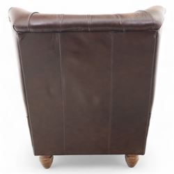 Thomas Lloyd  - armchair, brown leather,  button upholstered back, cushion seat, and wide scrolled arms, raised on bun feet