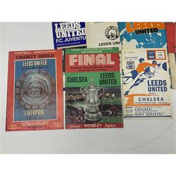 Leeds United football club - football association challenge cup competition final Saturday 11th April 1970 Chelsea vs Leeds United at Wembley programme, football association charity shield Saturday 10th August 1974 Leeds United vs Liverpool programme, various supporters pin badges, scarf for the league 1 playoff final Wembley stadium 25th May 2008, Danbury Mint 'Great Moments in the History of Leeds United' leather bound collectors edition, various used home game tickets etc