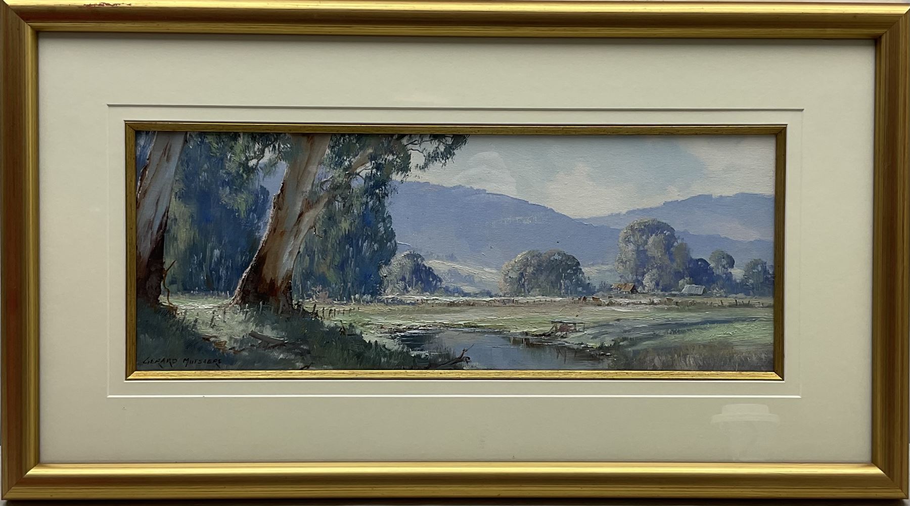 Gerard Mutsaers (Australian 1947-): 'Bright Sunlight in the Goulburn River Valley', oil on canvas board signed, titled on label verso 18cm x 49cm 