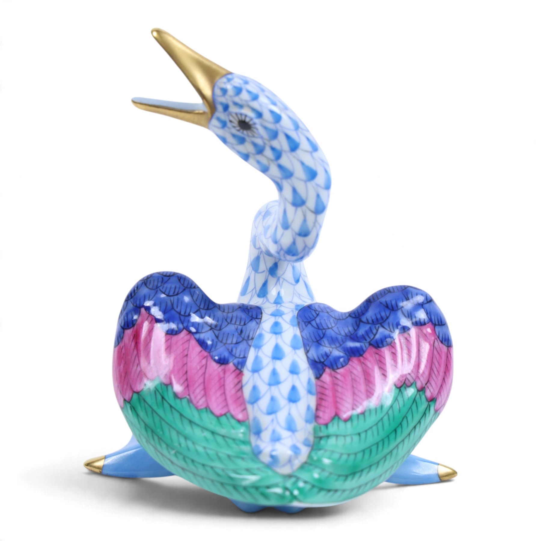 Herend, Hungary - Pair of ducks in blue fishnet decoration, together with goose in the same design and Herend trinket dish decorated with birds and insects, goose H11cm 