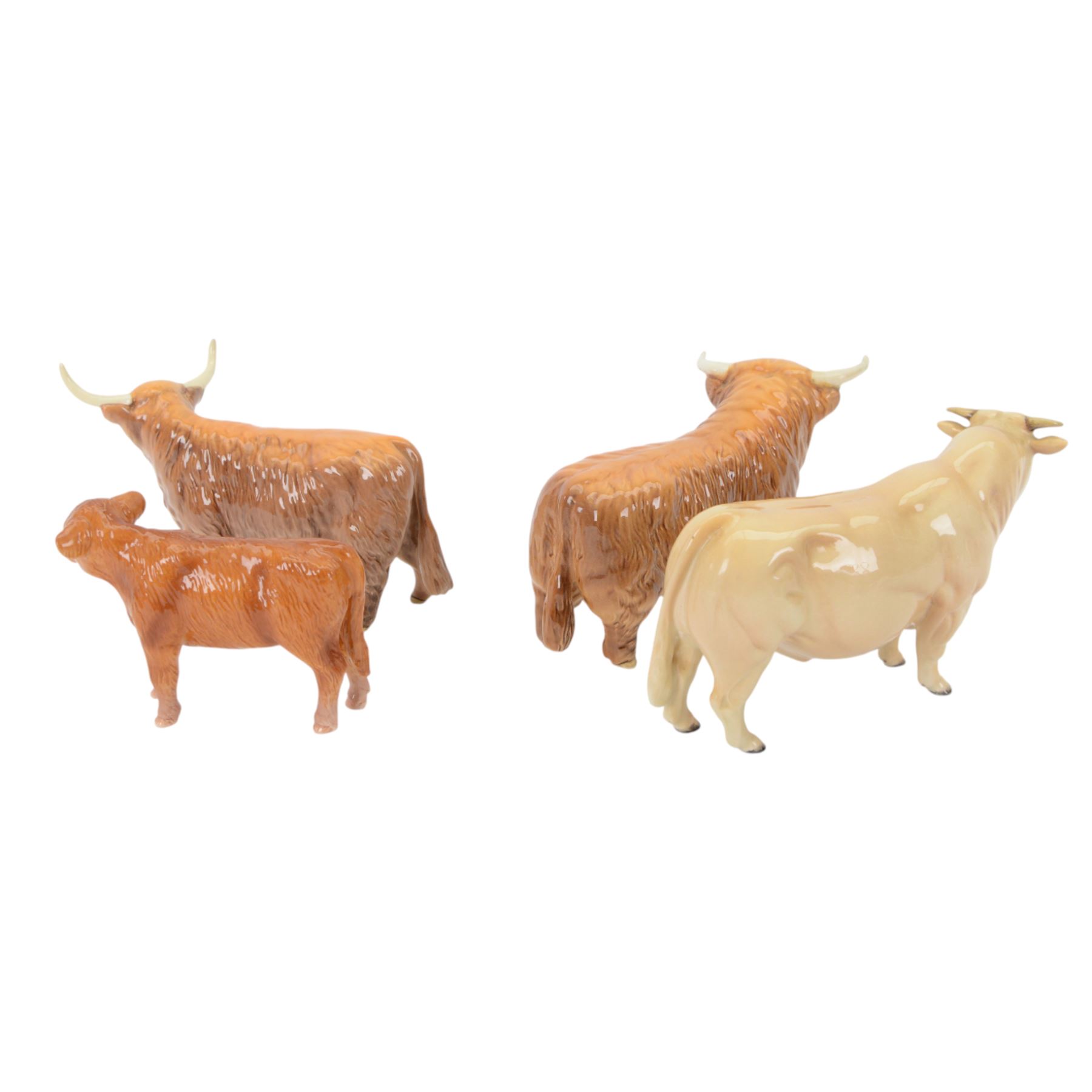 Beswick Highland Cattle family group, comprising bull, cow and calf, together with Charolais bull