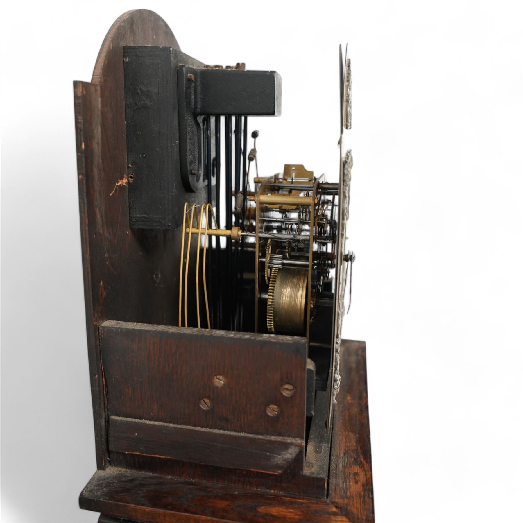 English 1950’s 8-day three train spring driven oak cased grandmother clock, with strike silent facility and pendulum.