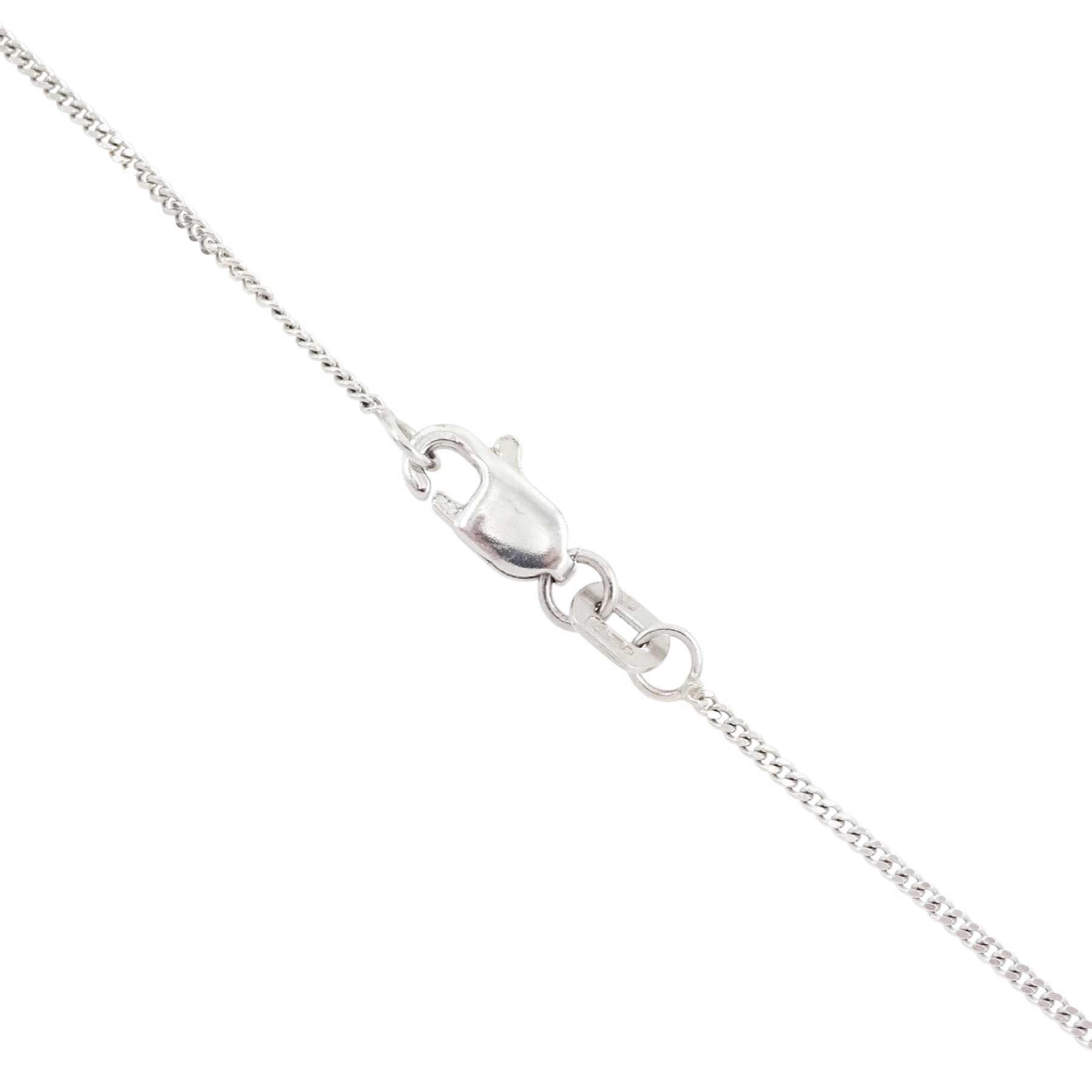 18ct white gold sapphire and diamond halo pendant necklace, single cushion cut sapphire of approx 4.65 carat, with round brilliant cut diamond surround and bail, on fine flattened curb link chain necklace, both hallmarked, total diamond weight approx 0.35 carat