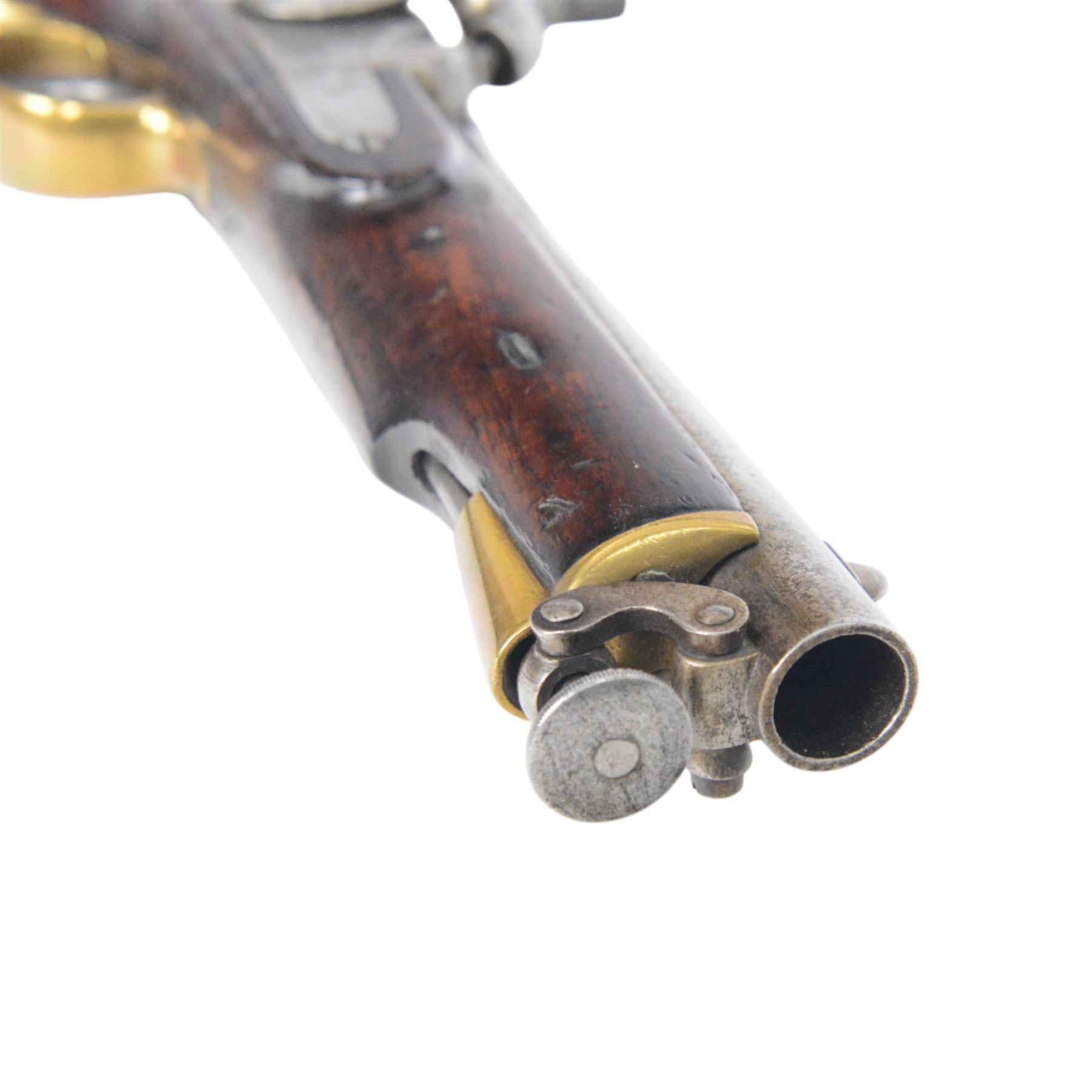 Cavalry Pistol, East India Government, 1871, with 8in smoothbore barrel, lock marked 'E.I.G.' and 'BIRMINGHAM 1871', crown and broad arrow device at tail, walnut full-stock with brass furniture, the left side marked 'JOSEPH SMITH' and stamped with a 'BIRMINGHAM E.I.G.' roundel, fixed lanyard ring at heel and iron ramrod, overall L35cm