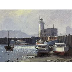 Don Micklethwaite (British 1936-): 'Scarborough Lighthouse', oil on canvas board signed, t...