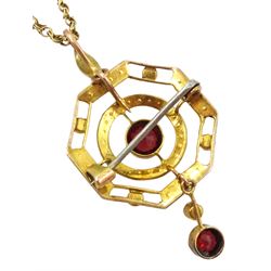 Edwardian garnet and seed pearl openwork brooch/pendant necklace