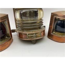 Ship's copper 'Masthead' lamp by Simpson Lawrence Ltd. Glasgow of bow-fronted form with four fixing loops (electrified) H24cm; and small pair of Seahorse copper 'Port' and 'Starboard' lamps of bow-fronted triangular form (3)