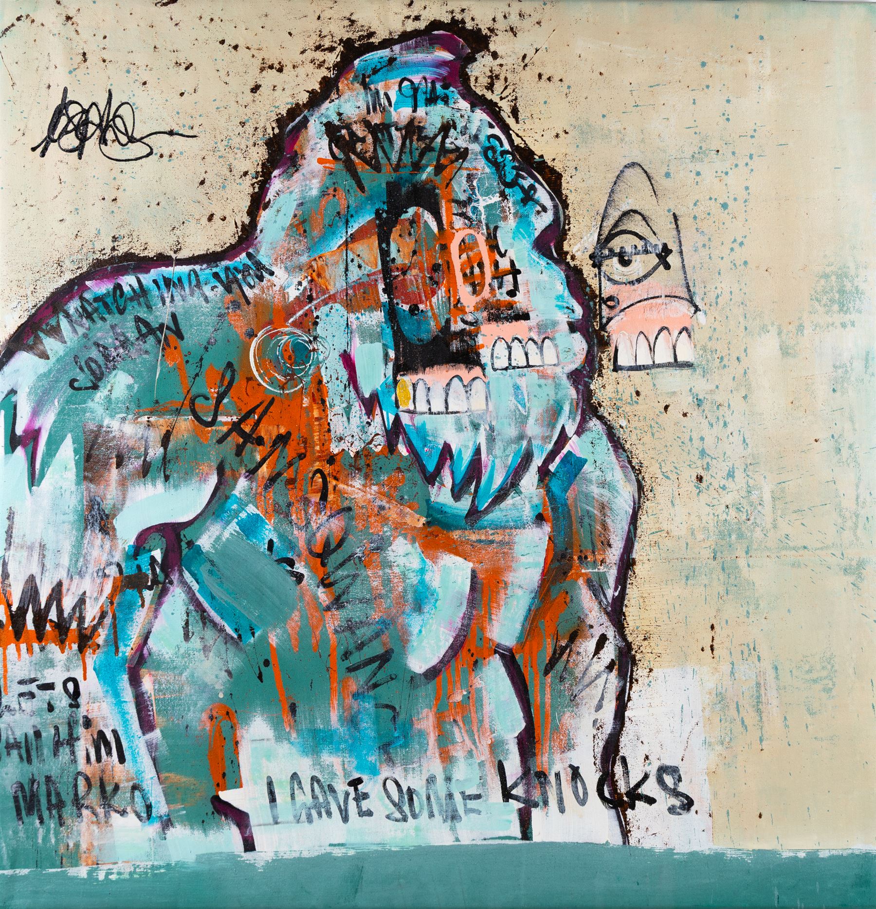 Joseph Gilgun (British 1984-): Bigfoot, mixed media on canvas signed 89cm x 86cm (unframed)
Provenance: gifted to the vendor by the artist as a thank you for his work on the TV show Brassic.