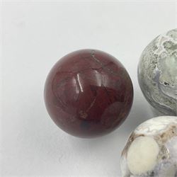 Six mineral specimens spheres, comprising jasper red, spotted agate, unakite, sardonyx, petrified wood and bloodstone, D2cm