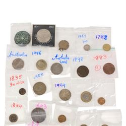 Small group of coins, including United States of America 1921 'Morgan silver one dollar, South Africa George VI 1937 silver two and a half shillings, reproduction Charles I Triple Unite, George IIII 1834 farthing, world coins, etc