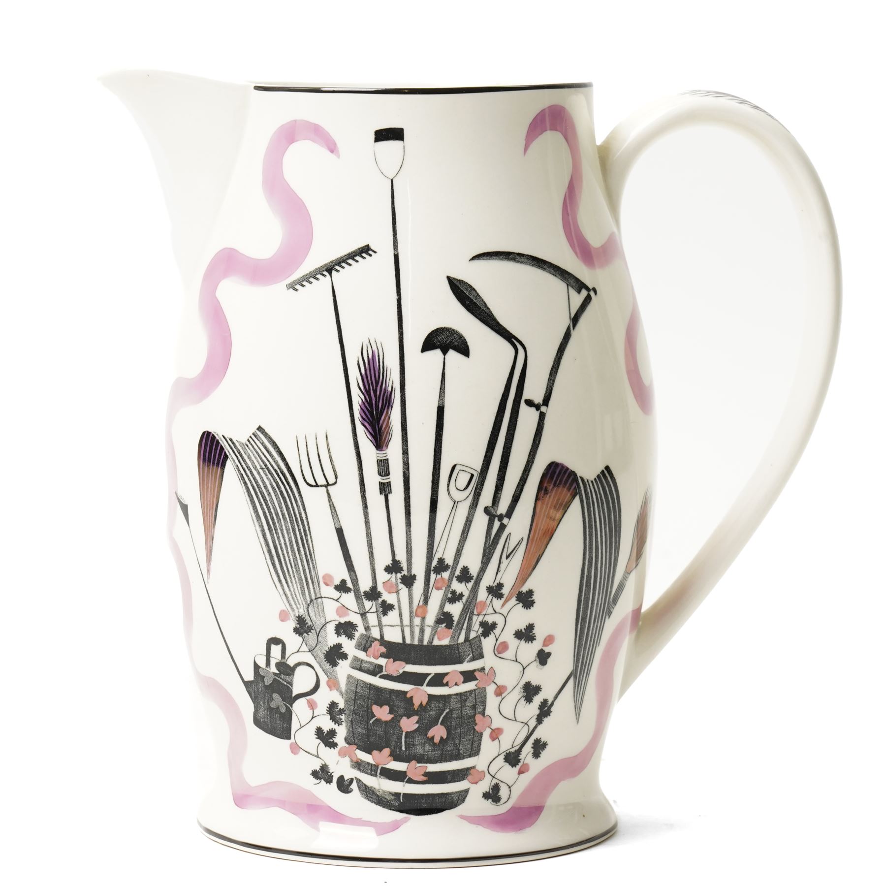 Eric Ravilious (British 1903-1942) for Wedgwood, a 'Garden Implements' Queen's ware jug with transfer printing, hand painting and lustre, printed and impressed marks to base, H20cm