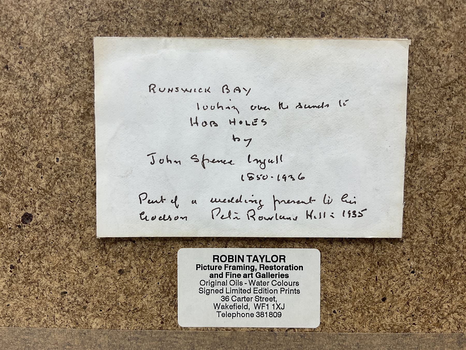 John Spence Ingall (Staithes Group 1850-1936): 'Runswick Bay - looking over the Sands to Hob Holes', watercolour signed, titled on label verso 16cm x 34cm 
Provenance: a wedding present to the artist's godson, Peter Hill, in 1935, thence by descent through the family of Mark Senior. Peter Hill, born 1909, was the son of Ingall's friend and fellow Staithes Group member Rowland Henry Hill.