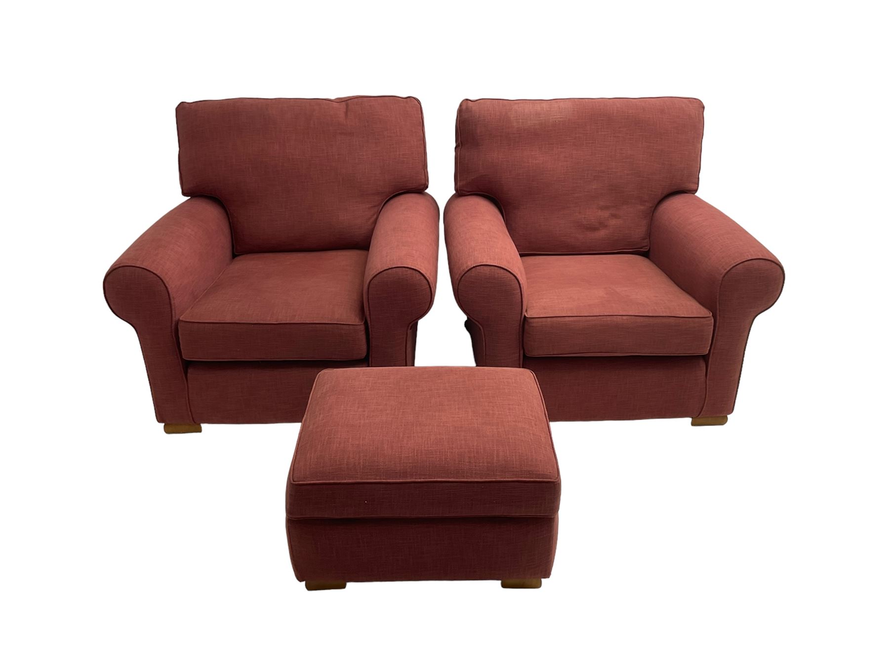 Multiyork - traditional three seat sofa upholstered in claret red fabric (W200cm H80cm); and pair matching armchairs (W103cm) 