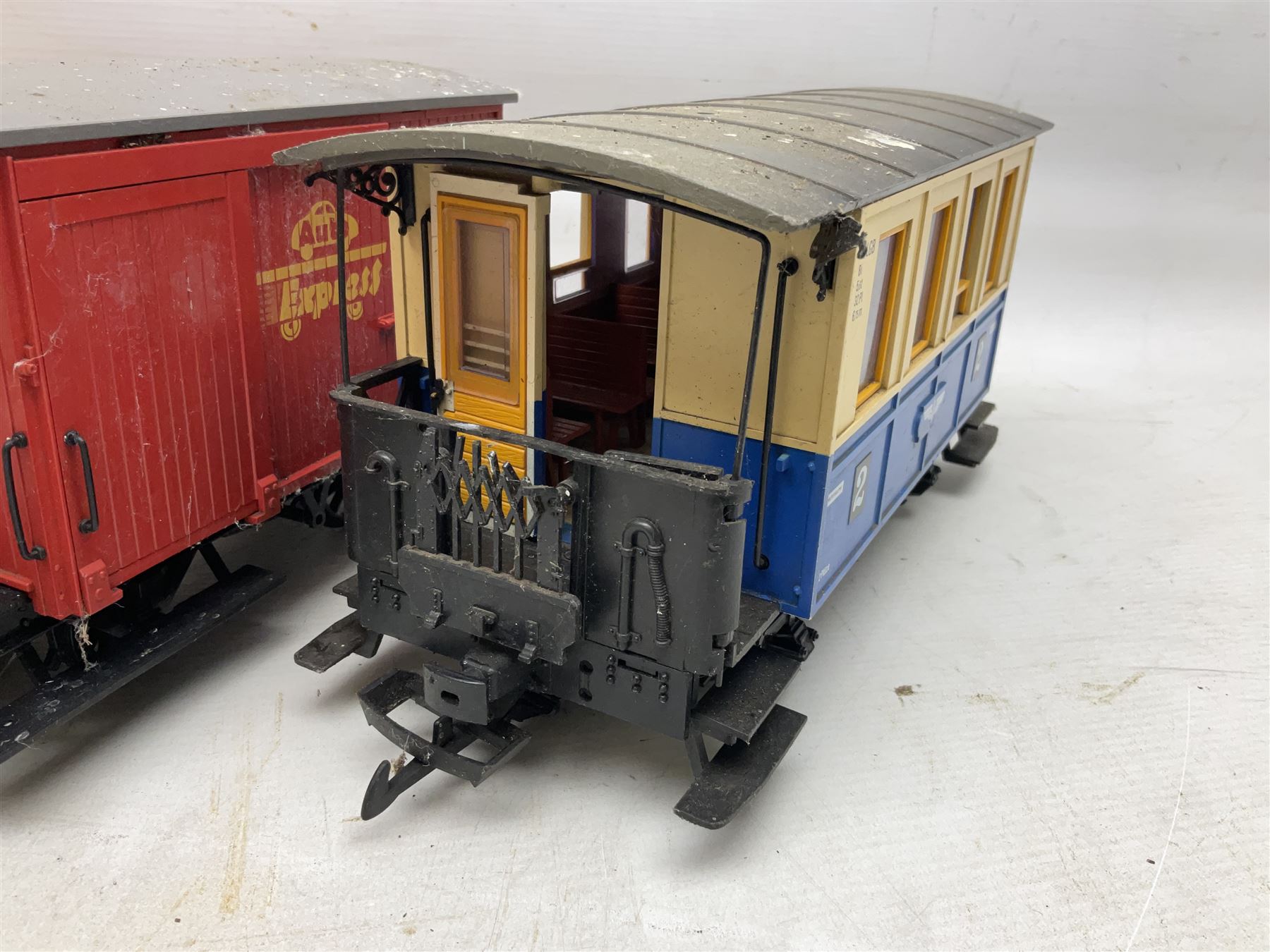 Three LGB (Lehmann Gross Bahn) G scale, gauge 1, rolling stock wagons, comprising two Lake George and Boulder wagons and an Auto Express wagon, together with a LGB passenger coach, other LGB rolling stock and a Lehmann Rigi900 ski lift