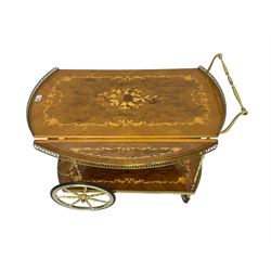 Early 20th century Italian marquetry walnut and satinwood drinks trolley wagon, two-tier with drop leaves and pierce brass gallery