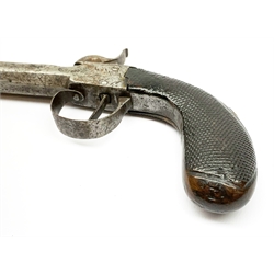 Mid-19c Belgian percussion cap pocket pistol with (seized) turn-off octagonal barrel, foliate chased action and chequered walnut grip 21cm overall