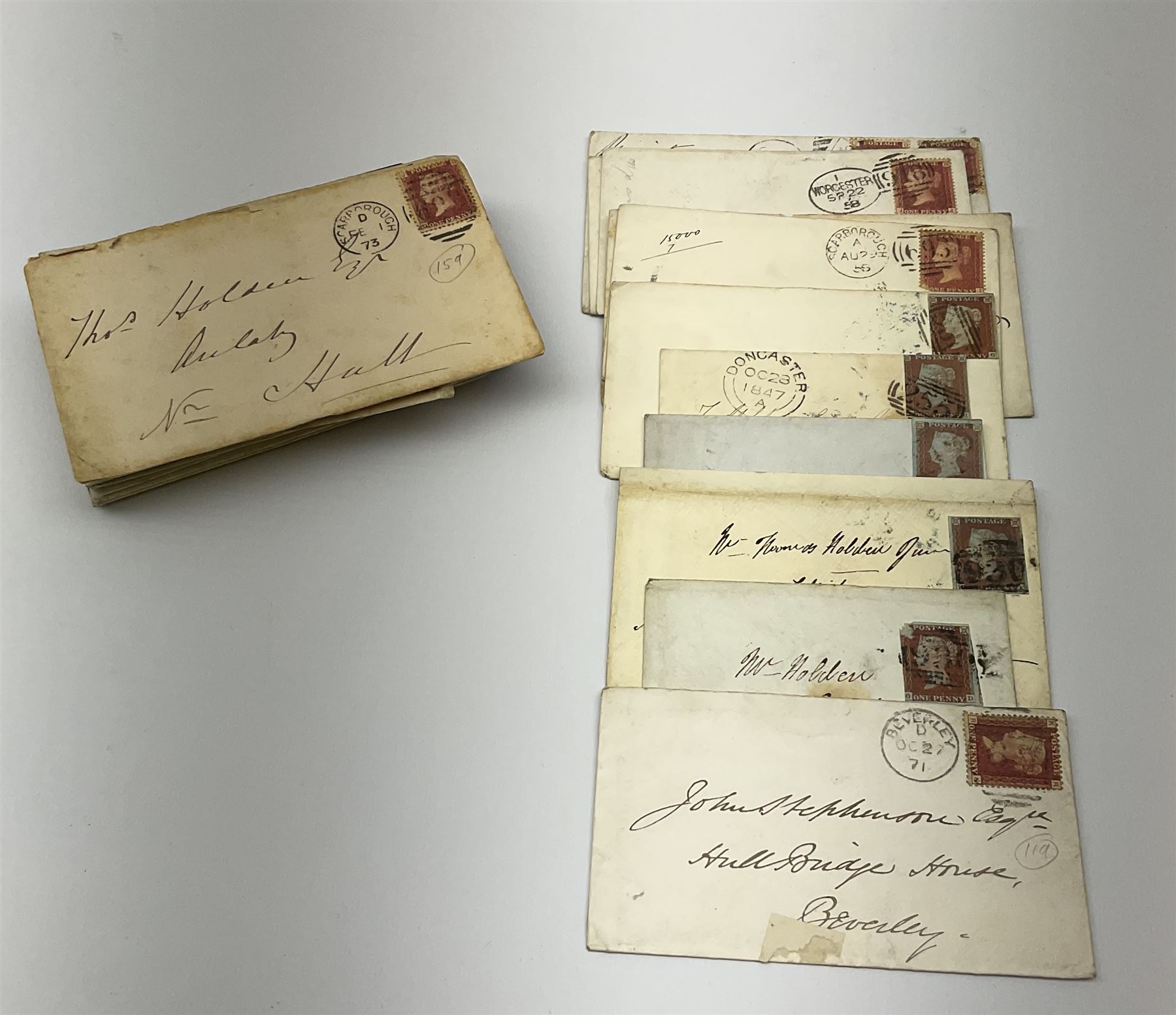 Various Queen Victoria penny red stamps on covers or pieces including imperf and perf examples, mourning covers etc (46)