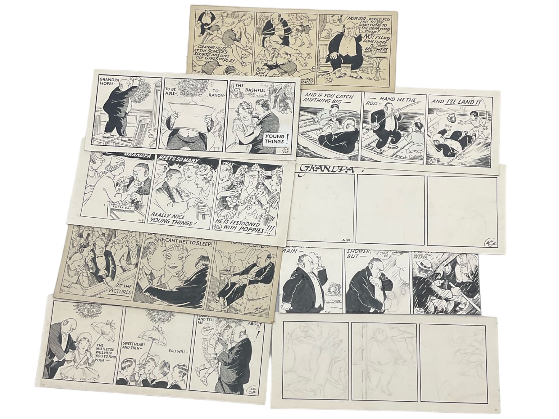 Sunderland Rollinson (British 1872-1950): 'Grandpa' set of nine cartoons including 'Grandpa at the School's Sports' and 'Grandpa Hangs up the Mistletoe Bough', pen and ink with one unfinished pencil sketch, variously signed and titled 13cm x 31cm (unframed) (9)