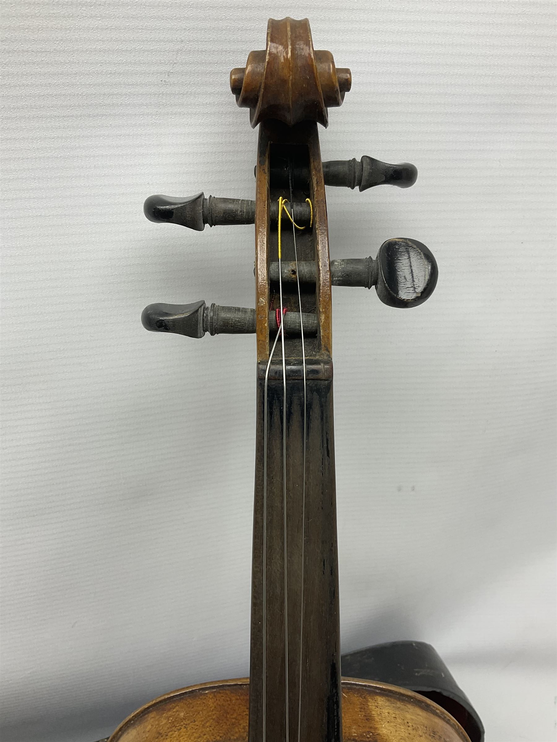 Late 19th century Saxony violin with 36cm one-piece maple back and ribs and spruce top; bears label 'Josef Klotz in Mittenwalde Anno 1795' L60cm overall; in ebonised wooden 'coffin' case