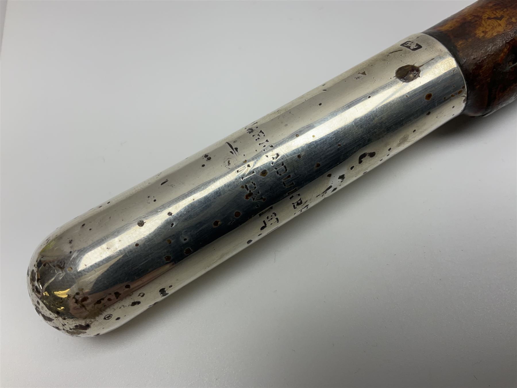 Victorian trap/coaching whip, principally in blackened thorn wood, with a silver cap engraved 'Marmaduke Furness Esquire Nov 1st 1904', hallmarked London 1900, makers mark AC, L173cm 