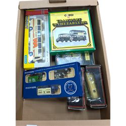 Diecast delivery vans and buses, including Corgi Transport of the Early 50s set, all boxed