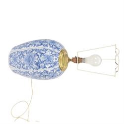 20th century Chinese blue and white fish bowl, the exterior decorated with trailing foliage and ruyi border, the interior with carp swimming amongst reeds, H31cm x D37cm, together with a Chinese blue and white table lamp and shade, of lobed ovoid form, H73cm overall 