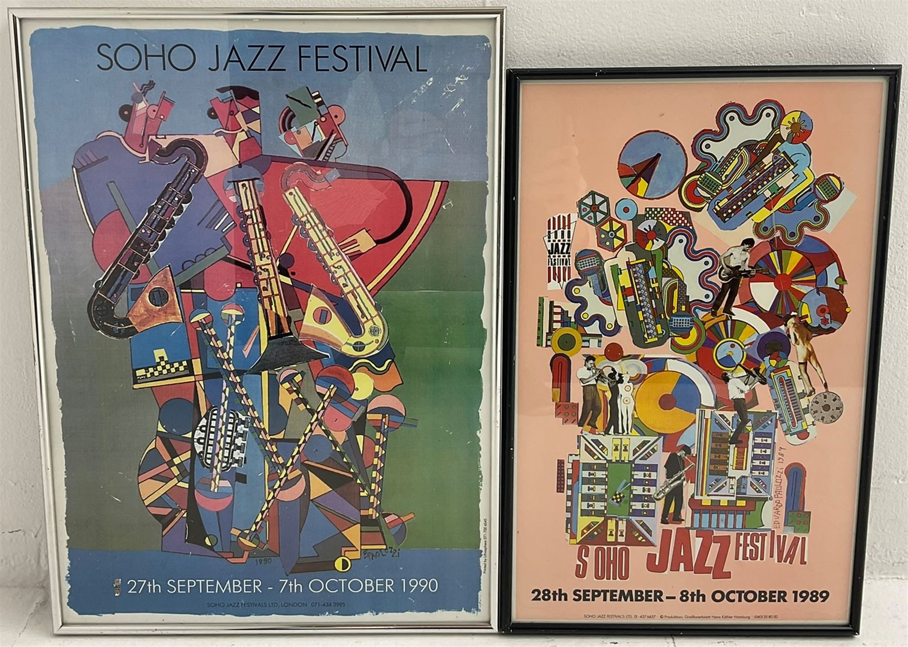 Sir Eduardo Paolozzi CBE RA (Scottish 1924-2005): 'Soho Jazz Festival 1990 and 1989', two exhibition posters 54cm x 39 and 41cm x 31cm, respectively (2)