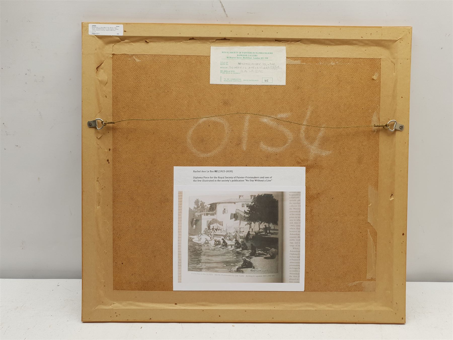 Rachel Ann Le Bas NEAC RE (British 1923-2020): 'Washerwomen by Lake Garda', limited edition etching with aquatint signed titled and numbered 53/75 in pencil 27cm x 32cm 
Notes: this study was Rachel Ann's diploma piece for the Royal Society of Painter-Printmakers and one of the few illustrated in the Society's publication 'No Day without a Line'; exh. Royal Society of Painters in Watercolours Bankside Gallery, London, Label verso