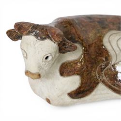 Rosemary Wren (1922-2013) - Oxshott pottery, stoneware sculpture of a recumbent cow, with impressed mark beneath, H13cm  