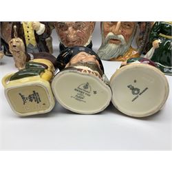 Large collection of Royal Doulton character jugs, to include Robinson Crusoe D6532, Tam O Shanter D6632, The Falconer D6533 etc, together with similar charater jugs and toby jugs   