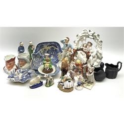 Two 19th century blue and white pickle dishes, each decorated in a variant of the Willow pattern, 19th century blue and white Willow pattern dessert dish, further Willow pattern dish, two black basalt jugs, small Victorian cockle dish, plus a group of Victorian and later figures, to include two Staffordshire arbour groups, one with beehive, Staffordshire style model of a sheep, two Sitzendorf monkey band figures, a Continental figure group modelled as a dancing couple, Atlas China figure of a Satyr, two jugs modelled as Punch and Judy, Rd no 139844, etc. 