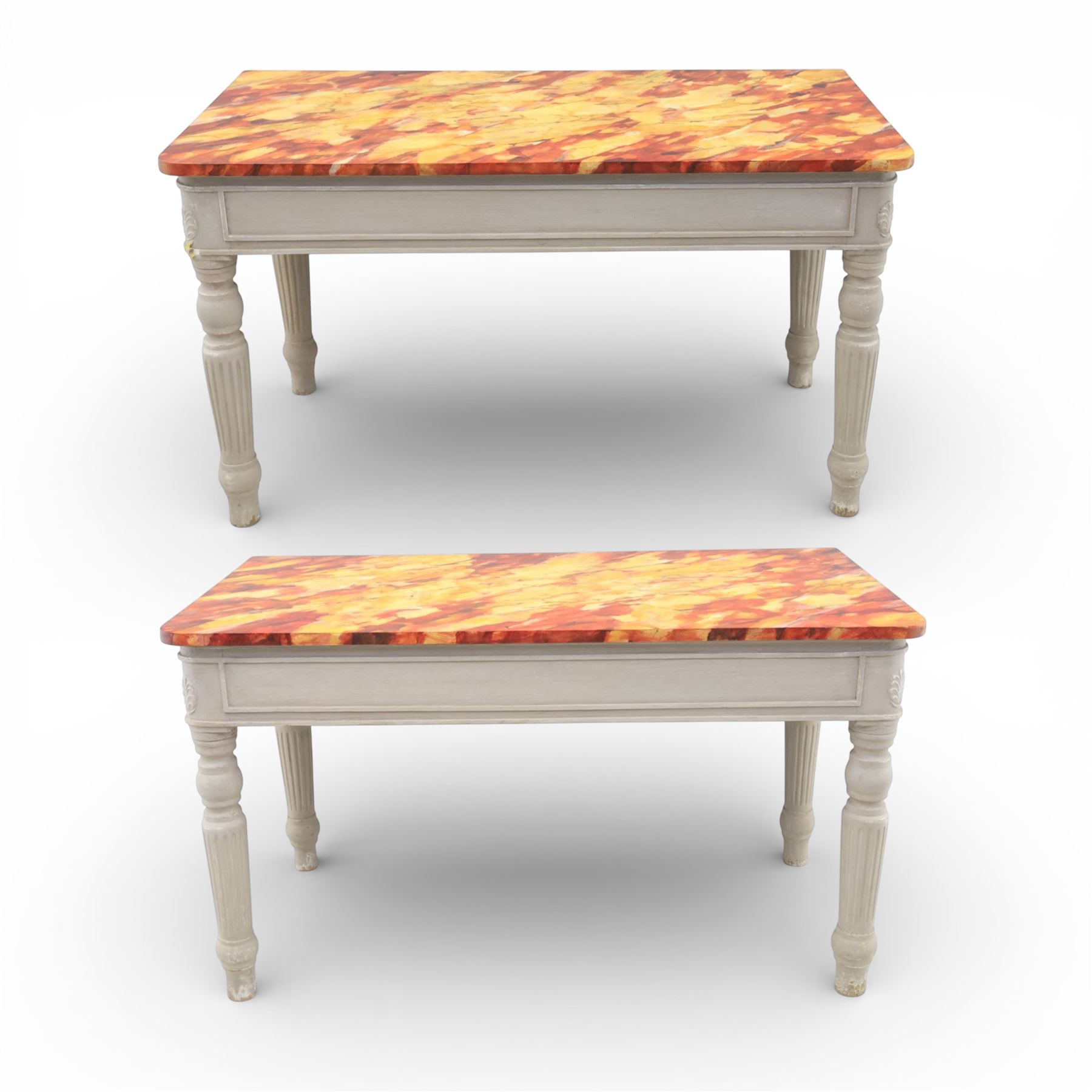 A pair of 19th century style pine console tables, with rectangular simulated marble top over a painted frieze, raised on fluted and turned tapering legs