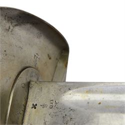 British 17th Lancers, Duke of Cambridge Own, 1899 cavalry sword, with L83cm single-edged slightly curved blade, top of blade etched '30E', broad sheet steel bowl hilt with chequered black leather grip scales, the steel two ring scabbard engraved 2/09 O.T.C , overall L104cm