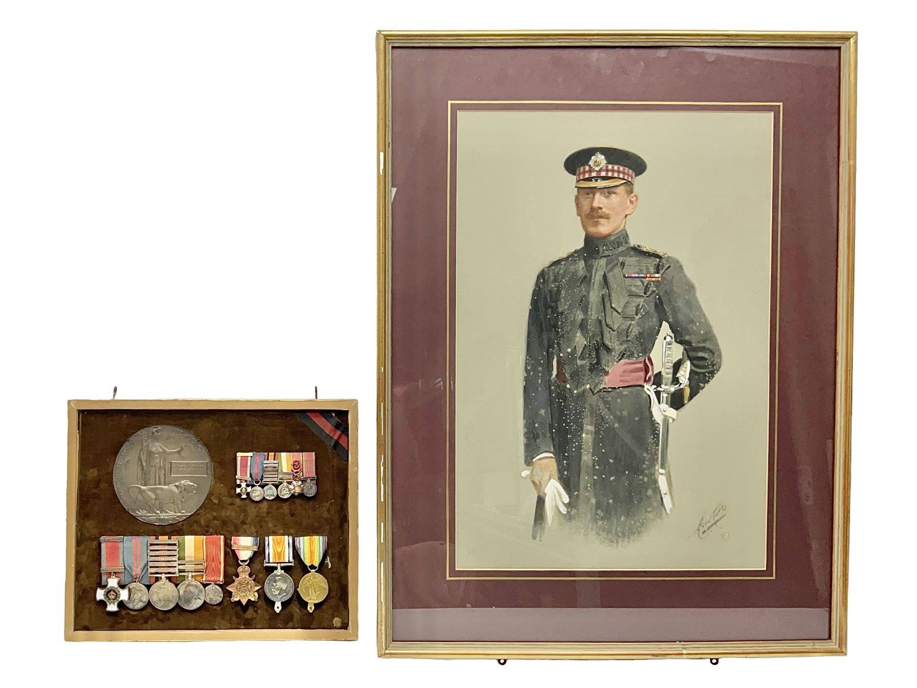 KIA (Ypres)  DSO group of eight Boer War/WW1 medals comprising Victorian DSO, Queens South Africa Medal with six clasps for Belmont, Modder River, Driefontein, Johannesburg, Diamond Hill and Belfast, Kings South Africa Medal with two clasps for South Africa 1901 and South Africa 1902, Turkish Liakat Medal, WW1 1914 Star with 5th Aug - 22nd Nov 1914 bar, British War Medal and Victory Medal and George V 1911 Coronation Medal, awarded to Lieutenant (later Captain) Albert Alexander Leslie Stephen Scots Guards; the group of six Boer War miniatures including additional Turkish Order of the Medjedie 3rd Class with rosette; all with ribbons and later mounted and framed with his bronze memorial plaque; together with Cecil Cutler (active 1886-1934) heightened watercolour three-quarter length portrait of Stephen in uniform, signed and dated 1915, 52 x 35cm; gilt frame;
Auctioneer's note: STEPHEN, ALBERT ALEXANDER LESLIE, Lieutenant, was born 3rd February 1879, son of Major J Z Stephen and Augusta Henrietta Mary (nee Ricketts). He was educated at Eton, and joined the Scots Guards 4th January 1899, becoming Lieutenant 4th April 1900. He served in the South African War, in which he was present at a large number of engagements. He took part in the advance on Kimberley, with the action at Behnont, and was present at Enslin, Modder River and Magersfontein, and also at the operations in the Orange Free State, Transvaal, Orange River Colony and Cape Colony, including actions at Poplar Grove, Driefontein, Vet and Zand Rivers; the action near Johannesburg, those at Pretoria, Diamond Hill and Belfast. From January 1901, he was Assistant Provost-Marshal to Pulteney's Column, and he was Intelligence Officer to Garrett's Column in 1902. He was twice mentioned in Despatches [London Gazette, 10 September 1901, and 29 July 1902]; received the Queen's Medal with six clasps; the King's Medal with two clasps, and was created a Companion of the Distinguished Service Order [London Gazette, 31st October 1902]: 