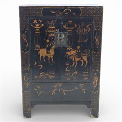 19th century Chinese black lacquer marriage cabinet, rectangular form, twin cupboard doors...